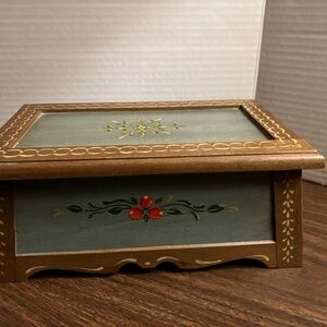 Vintage Anri Hand-Painted Wooden Keepsake Box in Sage Green with Floral Motif